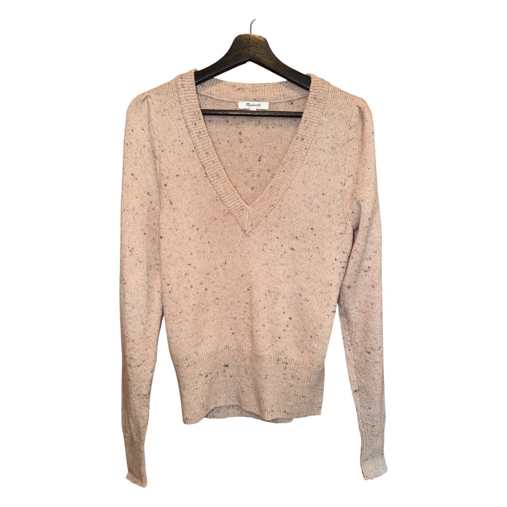 Madewell Womens XS Blush Pink Speckled V-Neck Sweater Puff Shoulder Knit